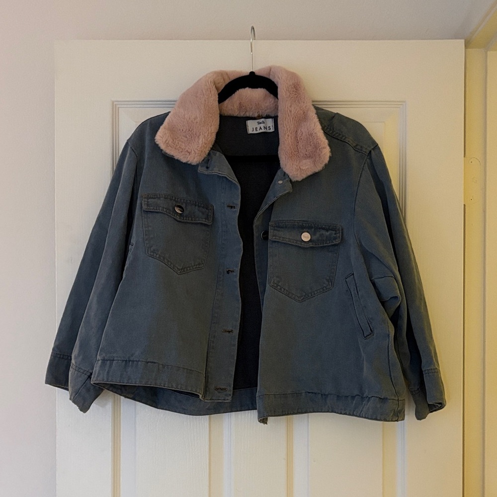 TACH Denim Jacket with Soft Pink Collar
